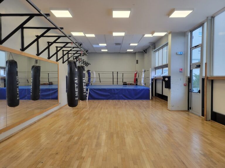 Salle d’entraînement du Punchistes Savate Club au gymnase Léon Mottot à Paris 12, équipée pour la savate boxe française.